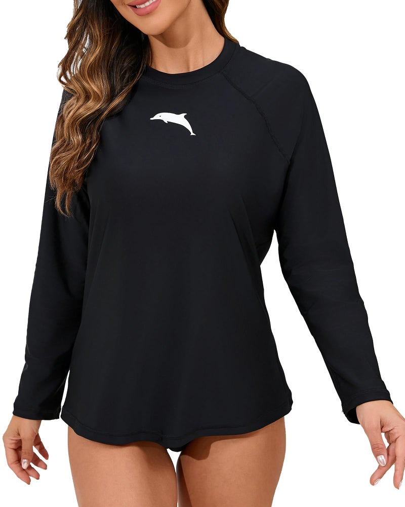 Halcurt Womens Long Sleeve Rash Guard Swim Top with Built in Bra UPF50+ Sun Protection Swim Shirts Quick Dry Swimsuit Black 2XL - Image 1