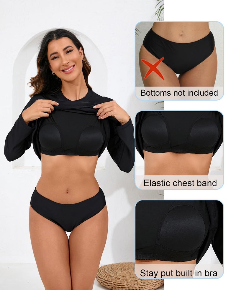 Halcurt Womens Long Sleeve Rash Guard Swim Top with Built in Bra UPF50+ Sun Protection Swim Shirts Quick Dry Swimsuit Black 2XL - Image 3