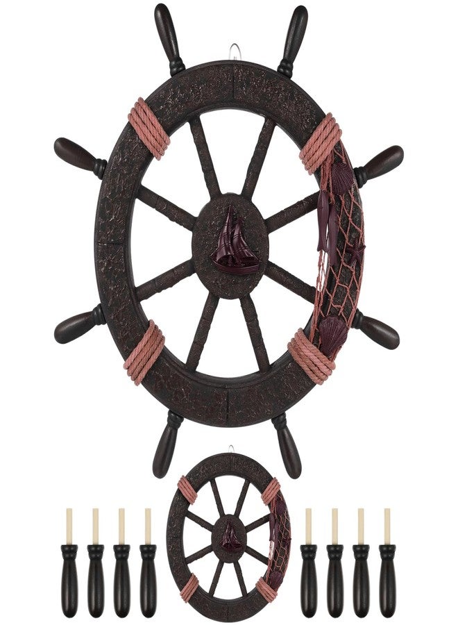 VOSAREA 17.68 Inch Ship Wheel Wall Decor, Nautical Wall Decor for Home, Wooden Pirate Ship Wheel Beach Theme Hanging Ornament - Image 1