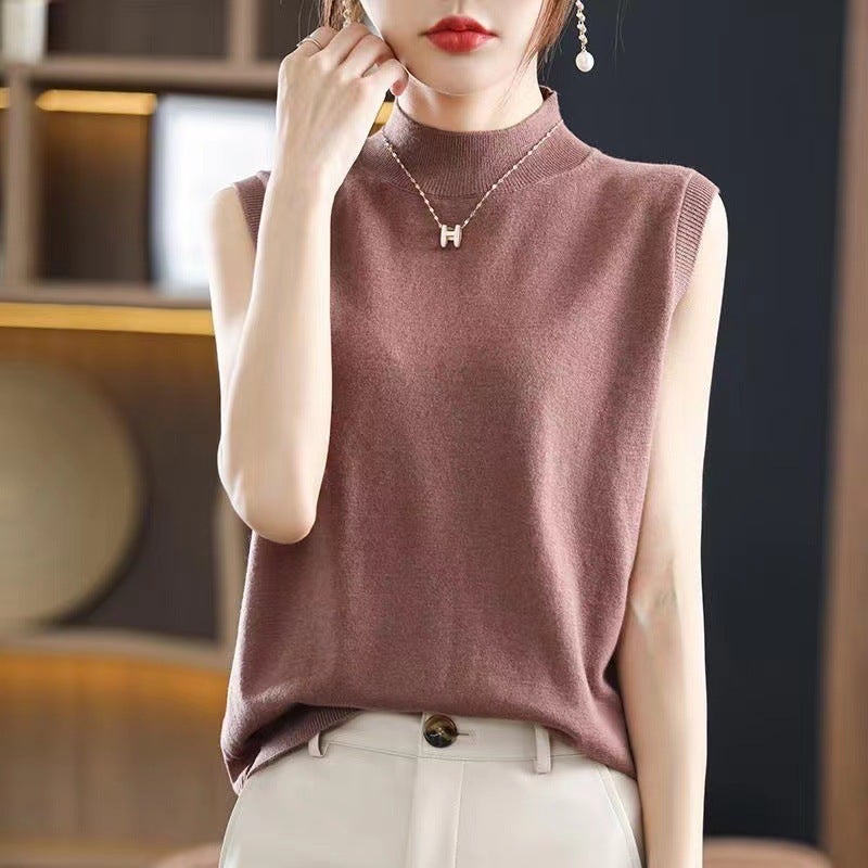 Ice Silk T-Shirt 2024 Spring And Korean Style Sleeveless Bottoming Shirt Half Turtleneck Slim Knitted Inner Vest Top - Image 4