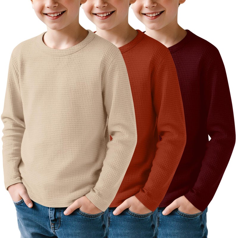 LessonZoo 3 Pack Boys Waffle Long Sleeve T-Shirts 5-14 Years Kids Thermal Crew Neck Tops Youth Fall Warm Shirts Basic Tees(Khaki, Pumpkin, Wine Red,7-8 Years) - Image 1