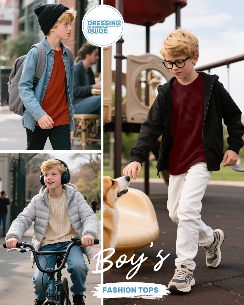 LessonZoo 3 Pack Boys Waffle Long Sleeve T-Shirts 5-14 Years Kids Thermal Crew Neck Tops Youth Fall Warm Shirts Basic Tees(Khaki, Pumpkin, Wine Red,7-8 Years) - Image 4