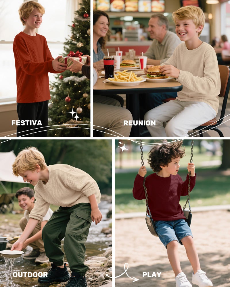 LessonZoo 3 Pack Boys Waffle Long Sleeve T-Shirts 5-14 Years Kids Thermal Crew Neck Tops Youth Fall Warm Shirts Basic Tees(Khaki, Pumpkin, Wine Red,7-8 Years) - Image 2