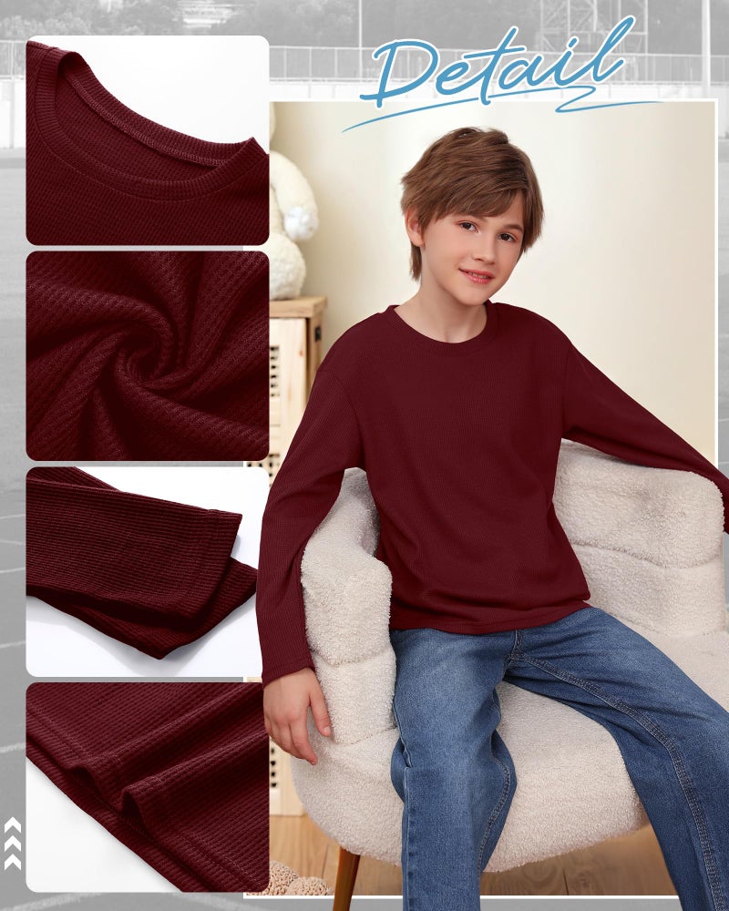 LessonZoo 3 Pack Boys Waffle Long Sleeve T-Shirts 5-14 Years Kids Thermal Crew Neck Tops Youth Fall Warm Shirts Basic Tees(Khaki, Pumpkin, Wine Red,7-8 Years) - Image 5