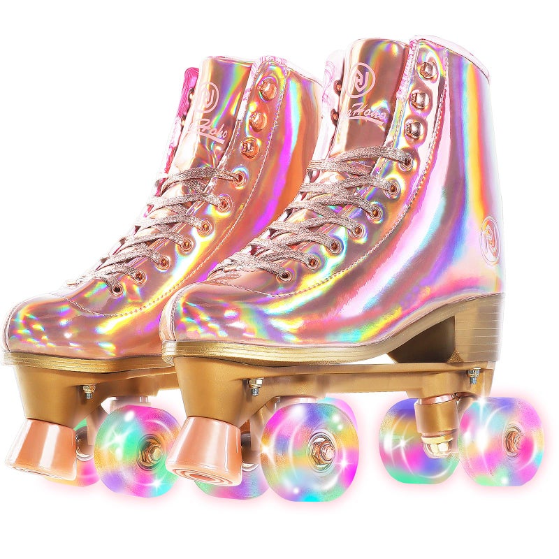 JajaHoho Roller Skates for Women, Holographic High Top Classic Rollerskates, Rosegold Shiny Double-Row Four Pink Glitter Wheels Quad Skates Girls Indoor Outdoor (Rose Gold, Size 6) - Image 1