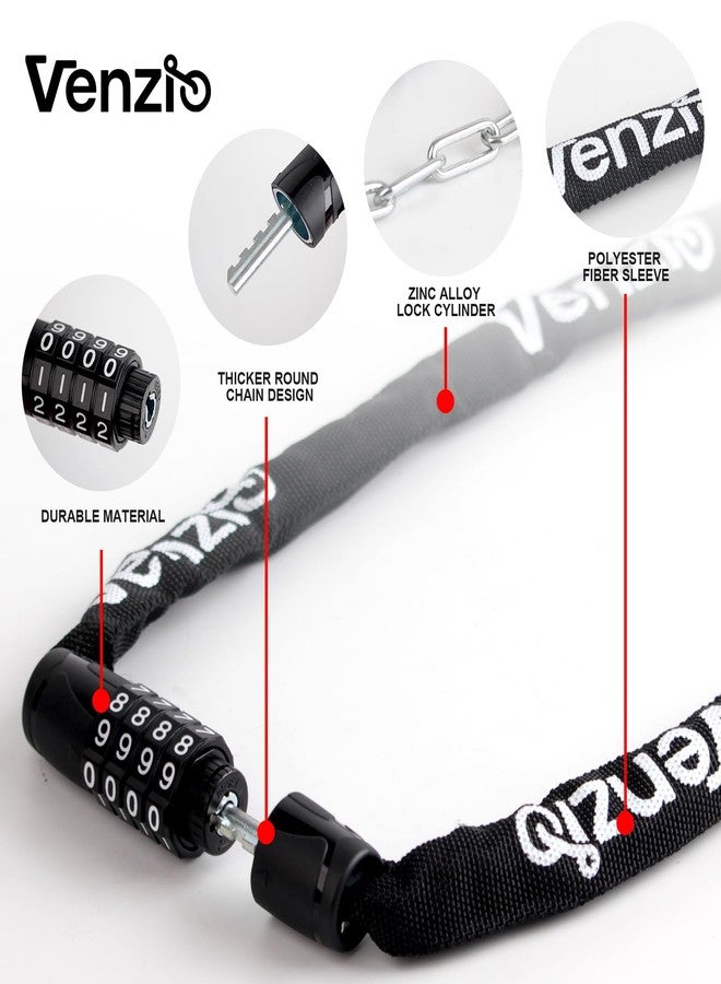 Venzio 4-Digit Combination Bike Chain Lock, Keyless 4mm x 900mm (3FT) Anti-Theft Security Lock for Bicycle, E-Bike, Scooter, Fence, Gate, Door, with Zinc Alloy Core & Fabric Sleeve - Image 3