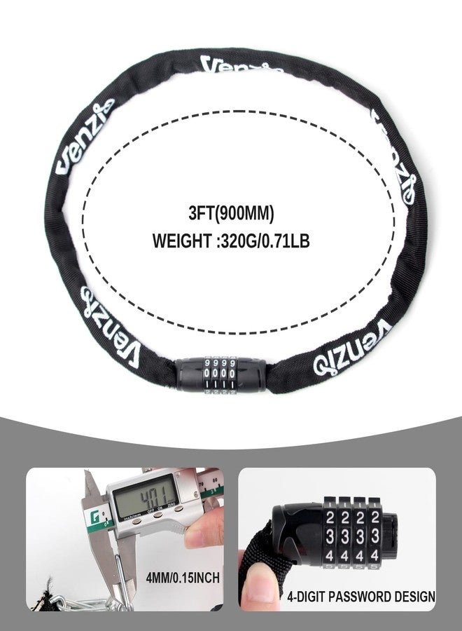 Venzio 4-Digit Combination Bike Chain Lock, Keyless 4mm x 900mm (3FT) Anti-Theft Security Lock for Bicycle, E-Bike, Scooter, Fence, Gate, Door, with Zinc Alloy Core & Fabric Sleeve - Image 4