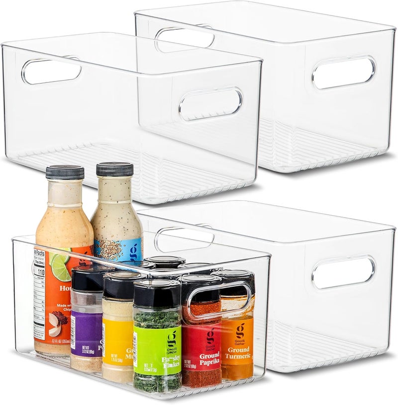 PrimeBox Plastic Food Storage 4 Pack Clear Container Bin with Handles for Organizing Kitchen, Pantry, Fridge, Freezer, Pantry,Bathroom. 10"x6"x5" - Image 1