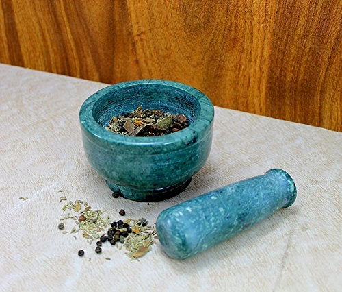 KLEO 4" Diameter Natural Stone Mortar and Pestle Set as Spice Grinder, Medicine Masher - Okhli and Musal (Green Deep) - Image 3
