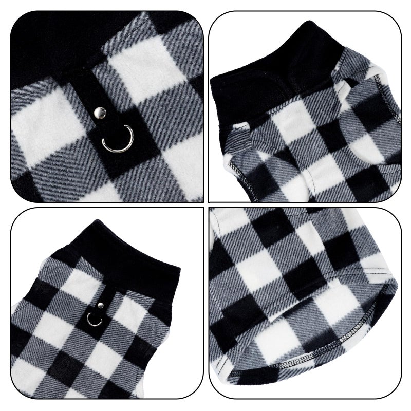 Rbenxia 1 PC Plaid Dog Sweaters with Leash Ring Soft Fleece Vest Dogs Pullover Warm Jacket Pet Dogs Clothes Winter Dog Outfits for Small Puppy Cat Pets (Black and White, Small) - Image 3