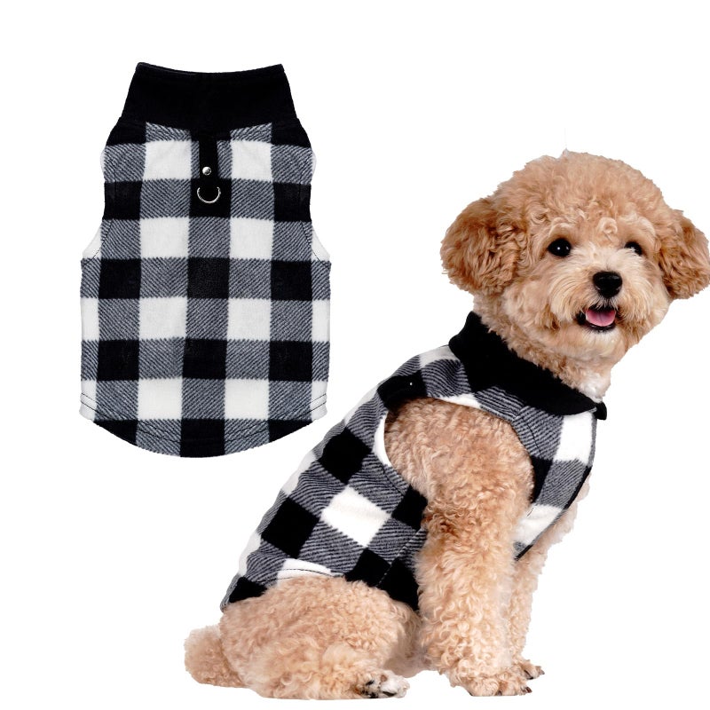Rbenxia 1 PC Plaid Dog Sweaters with Leash Ring Soft Fleece Vest Dogs Pullover Warm Jacket Pet Dogs Clothes Winter Dog Outfits for Small Puppy Cat Pets (Black and White, Small) - Image 1