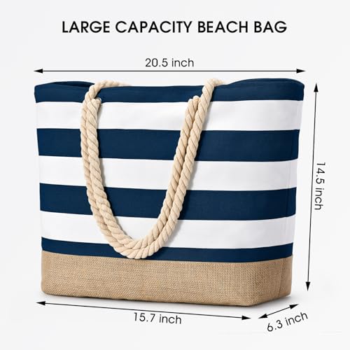 Becokan Beach Bags for Women Large Canvas Jute Beach Tote Waterproof Sandproof Swim Pool Bag Travel Vacation Essentials - Image 3