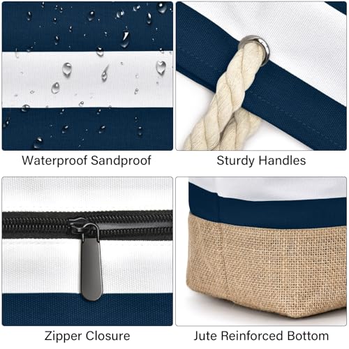 Becokan Beach Bags for Women Large Canvas Jute Beach Tote Waterproof Sandproof Swim Pool Bag Travel Vacation Essentials - Image 2