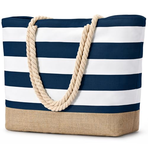 Becokan Beach Bags for Women Large Canvas Jute Beach Tote Waterproof Sandproof Swim Pool Bag Travel Vacation Essentials - Image 1