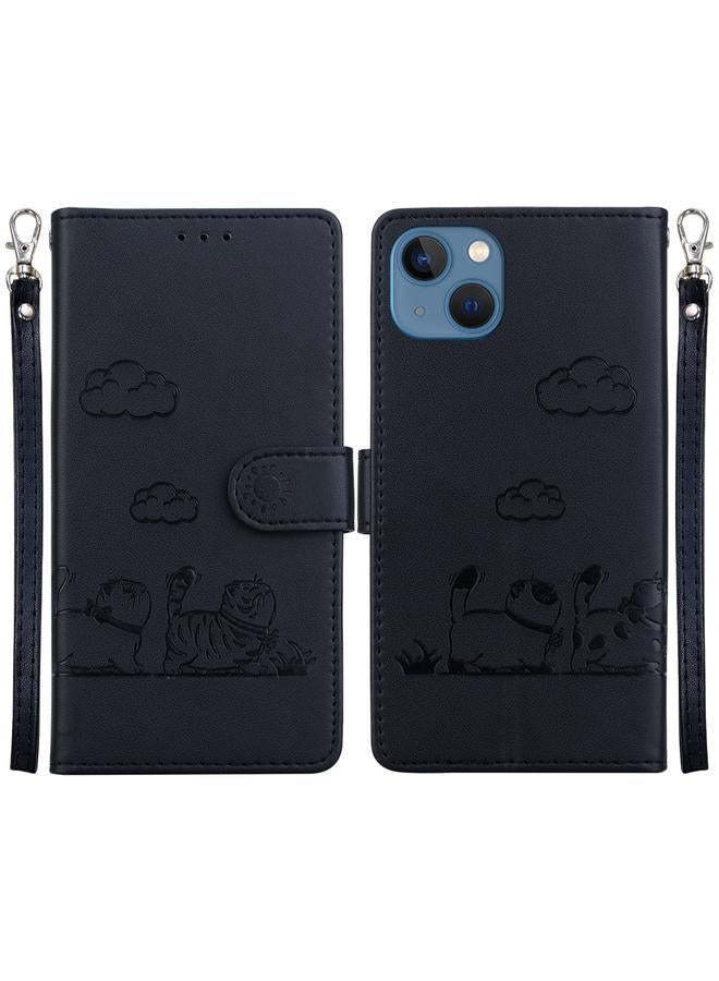 زبون جراب هاتف جلدي RFID برسومات قطط لطيفة لهاتف iPhone 13 - Image 1