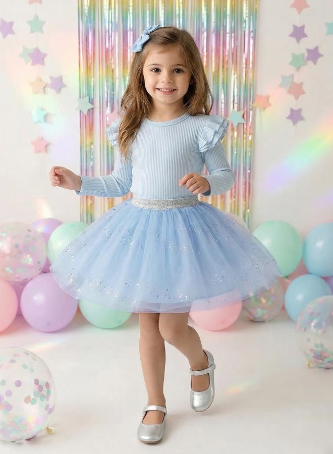 Stelle Tutu for Girls Sequin Skirt with Elastic Waist Layered Tulle Ballet Dance Princess Dress Birthday Outfit, Icy Blue, 4-5 Years - Image 3