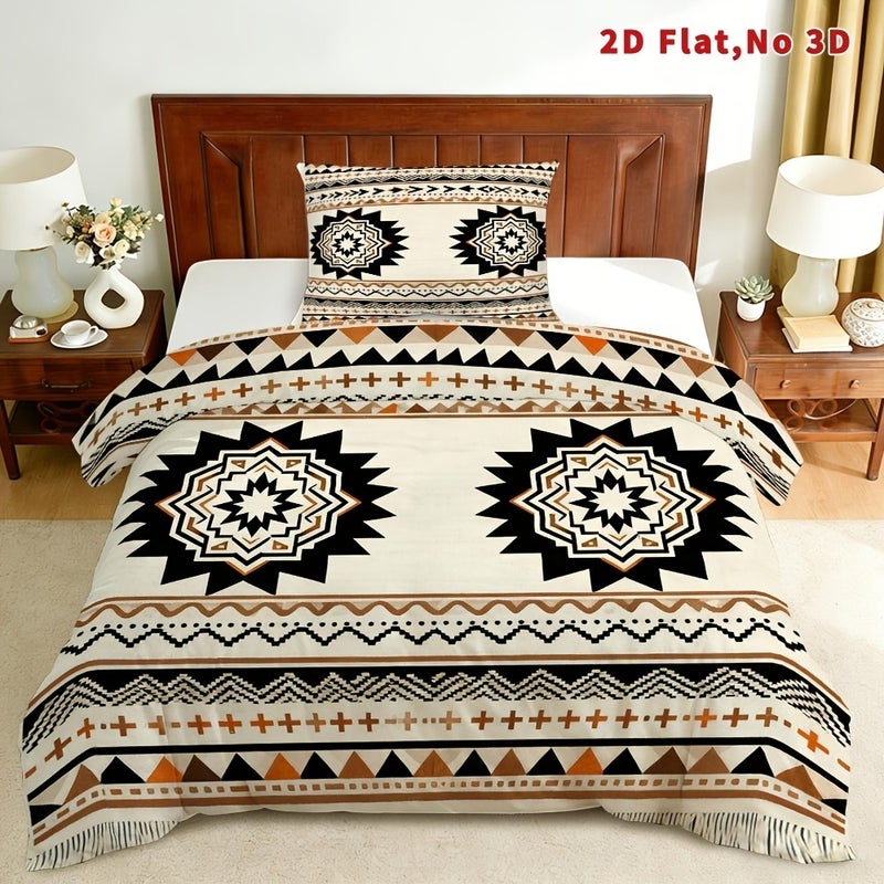2D Flat 2/3pcs Bohemian Duvet Cover Set Available in Queen, King, And Full Sizes. This Bohemian Bedding Features a Stylish And Breathable Design, Including a Soft Printed Duvet Cover And 1 Or 2 Pillowcases. Perfect for Spring - Image 1