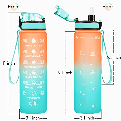 Enerbone 32 oz Water Bottle, Leakproof BPA & Toxic Free, Motivational Water Bottle with Times to Drink and Straw, Fitness Sports Water Bottle with Strap for Office, Gym, Outdoor Sports, Orange-Green - Image 3