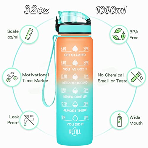 Enerbone 32 oz Water Bottle, Leakproof BPA & Toxic Free, Motivational Water Bottle with Times to Drink and Straw, Fitness Sports Water Bottle with Strap for Office, Gym, Outdoor Sports, Orange-Green - Image 2