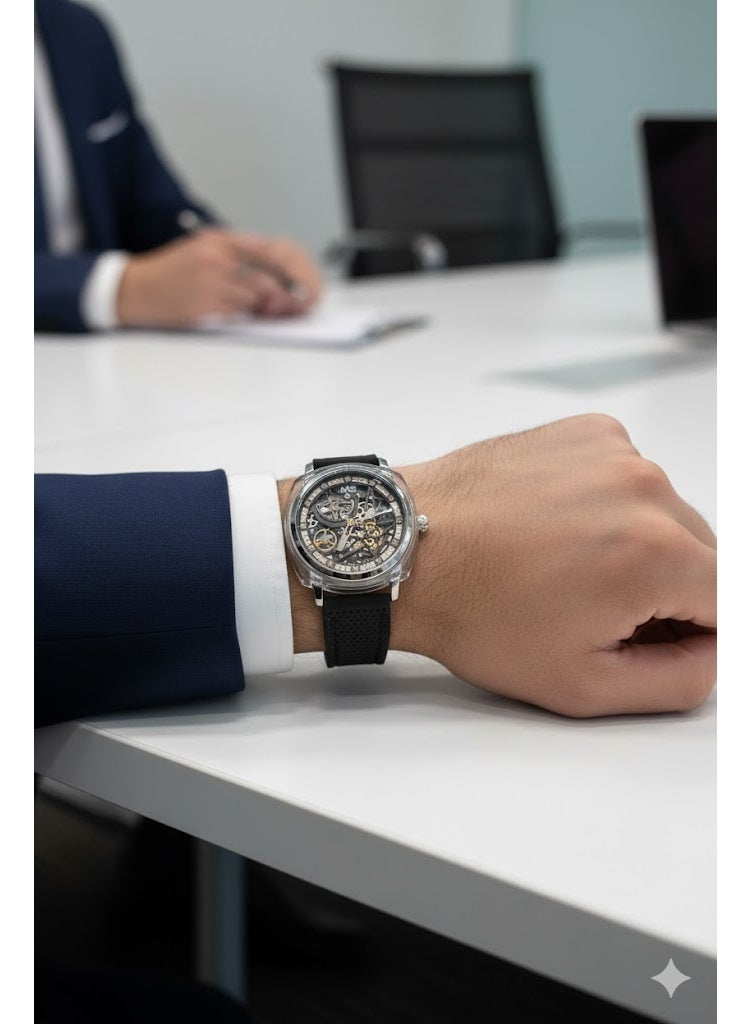 ام جي ساعة أوتوماتيكية فاخرة بهيكل عظمي وسوار أسود - Image 2