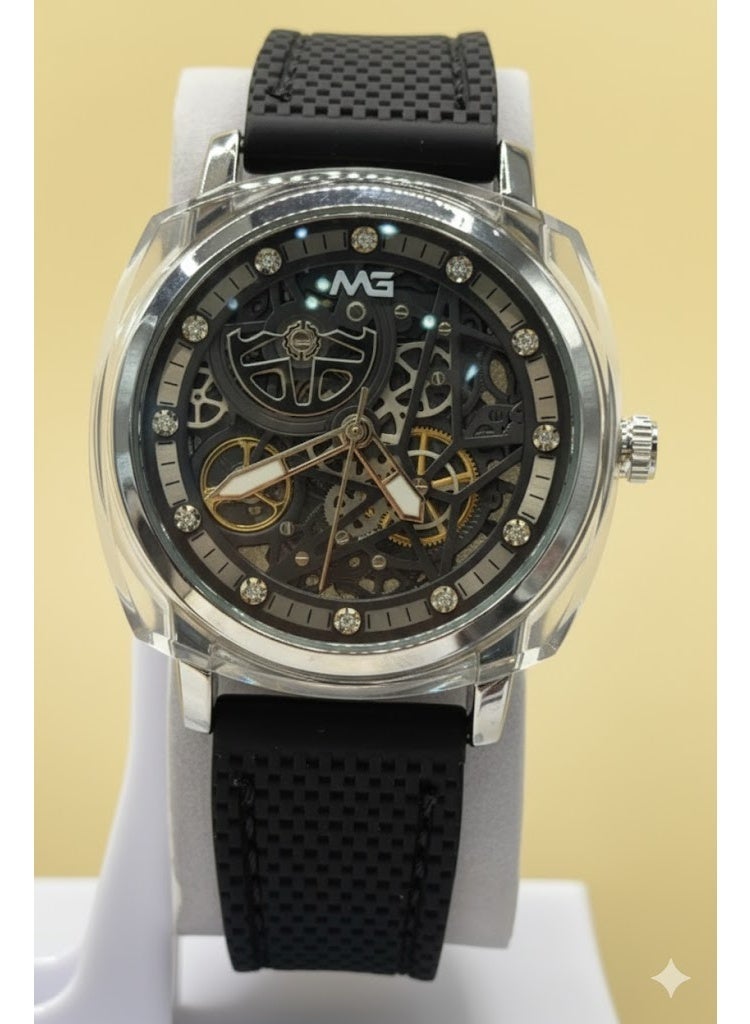 ام جي ساعة أوتوماتيكية فاخرة بهيكل عظمي وسوار أسود - Image 1