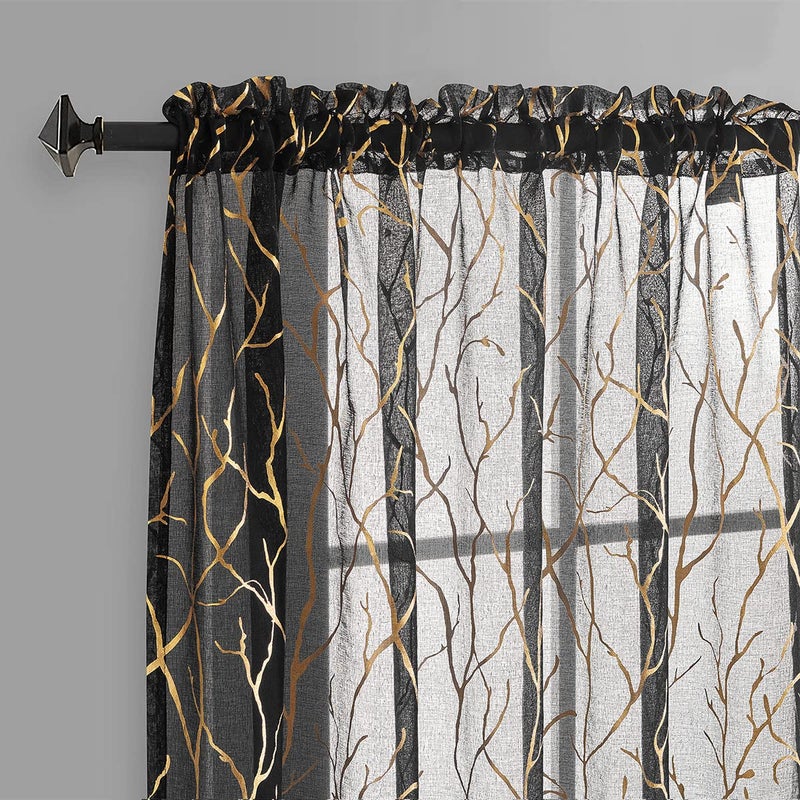 Finecity Black Gold Sheer Curtains For Bedroom - Metallic Gold Foil Tree Branch Black Sheer Curtains 63 Inch Length Black And Gold Window Curtain Panel Set Of 2  52 X 63 Inch  Black Gold