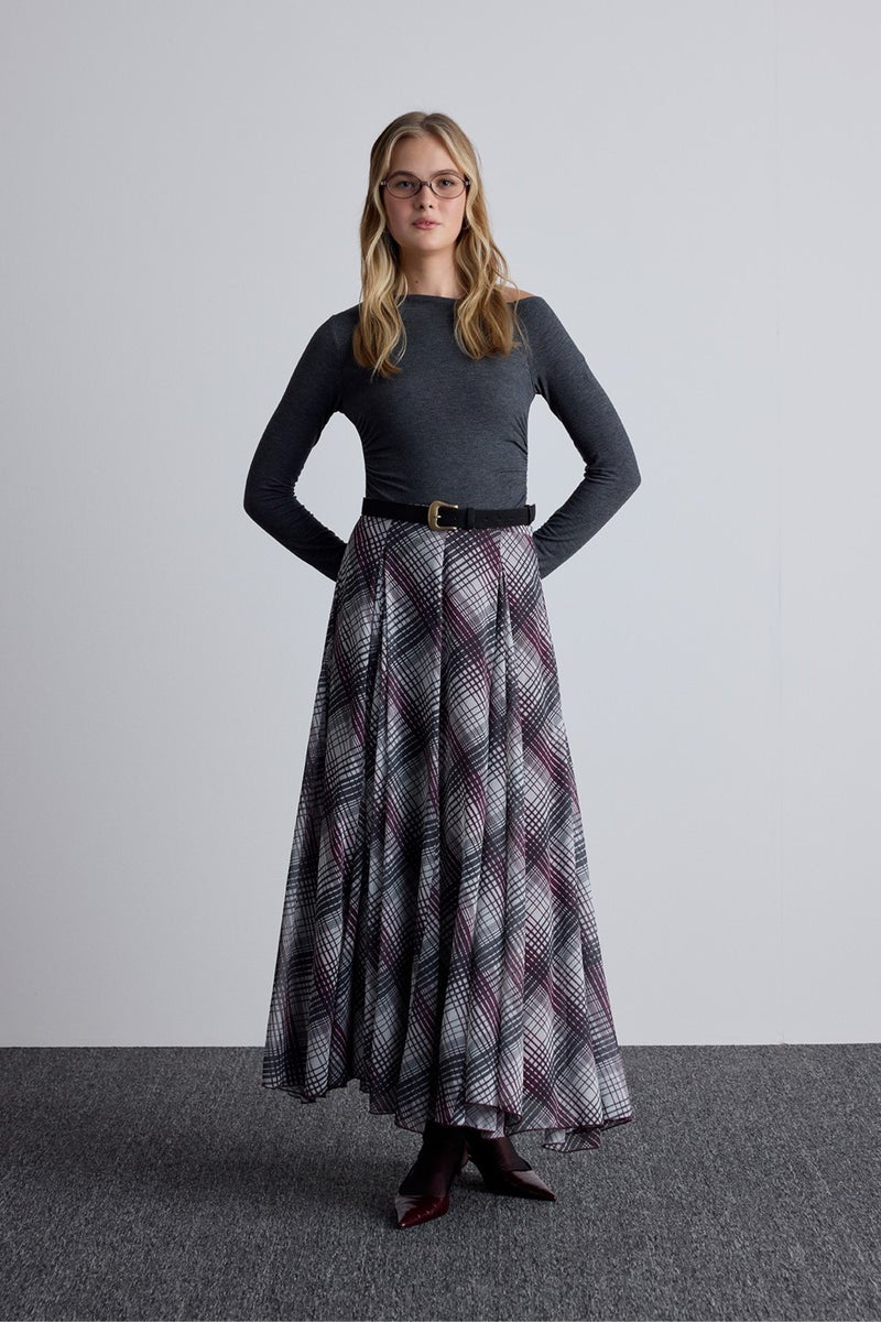 Manuka Flounce Wide Skirt Plaid Burgundy  - Image 1