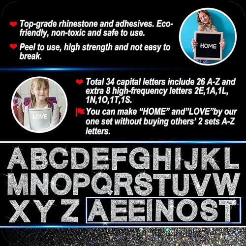 Locacrystal 34Pcs Rhinestone Letter Stickers Bling Glitter Alphabet A-Z Letters Self-Adhesive Crystal Rhinestones Word Sticker Iron on Letters for Clothing Art Crafts DIY Decors(Sliver+White,2.24") - Image 4