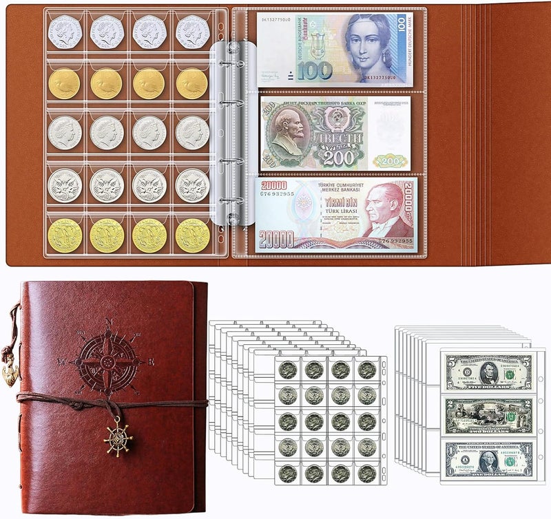 Long term heavy use compatible Coin Collection Book Holder for Collectors, 200 Pockets Coin Collecting Album & 30 Sleeves Paper Money Currency Display Storage Case for All Coin Collection Supplies (Brwon) Multi-style matching design - Image 1