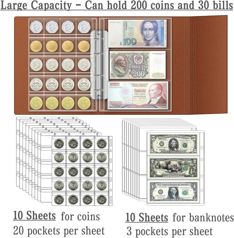 Long term heavy use compatible Coin Collection Book Holder for Collectors, 200 Pockets Coin Collecting Album & 30 Sleeves Paper Money Currency Display Storage Case for All Coin Collection Supplies (Brwon) Multi-style matching design - Image 3