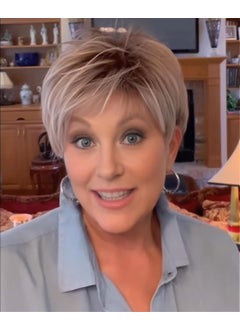 SEVENCOLORS SEVENCOLORS Short White Blonde Pixie Cut Wigs for Women Layered Fluffy Mixed Blonde Wigs with Dark Roots Synthetic Hair Short Wig for White Women 