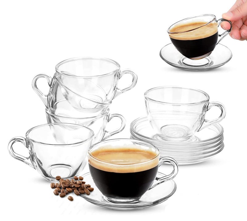 Mevanta Premium Glass Tea Cup and Saucer Set (6 Cups & 6 Saucers - 250 ML) Transparent Cups & Saucer Set For Coffee Herbal Green Tea, Lemon Tea, Espresso, Hot Chocolate,Cappuccino (MSC - 14, Set of 6) - Image 1
