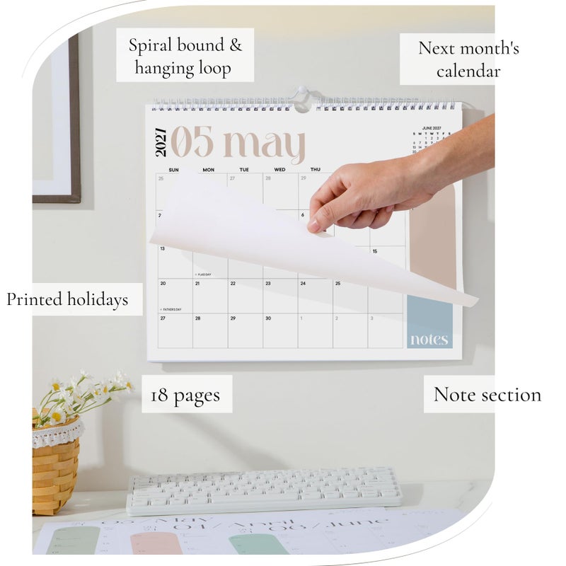 Paper Play Wall Calendar 2026-2027 Hanging Calendar, Jan 2026 to June 2027, 13.5 x 11 Inch Monthly Calendar for Wall, 18 Months Spiral Twin-Wire Binding Wall Calendar Planner, Large Writing Blocks with Holidays - Image 4