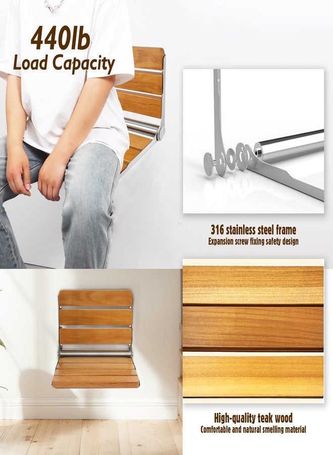 Sapiential Creation Folding Shower Seat Wall Mounted Shower Bench,Teak Wood Fold Down Shower Seat Wall Mounted Shower Seat Chair,Foldable Shower Bench 316 Stainless Steel Frame 450 lbs,1 Pack - Image 4