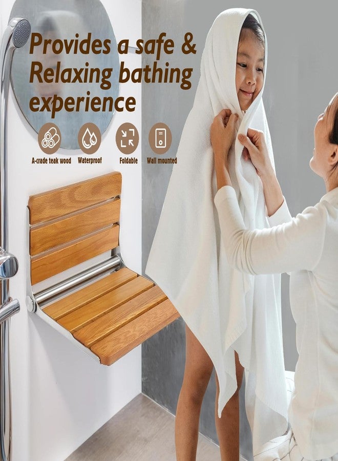 Sapiential Creation Folding Shower Seat Wall Mounted Shower Bench,Teak Wood Fold Down Shower Seat Wall Mounted Shower Seat Chair,Foldable Shower Bench 316 Stainless Steel Frame 450 lbs,1 Pack - Image 2