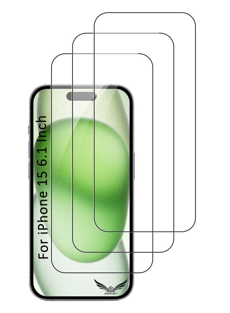 BORTONY iPhone 15 Screen Protector 6.1 Inch [3 Pack] HD Clear Tempered Glass Full Screen Case Friendly Anti-Scratch Bubble Free Compatible with Apple iPhone 15 - Image 1