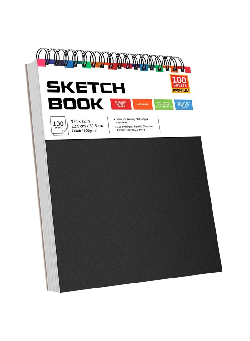 دفتر رسم 9 × 12 بوصة، 100 ورقة/200 صفحة، دفتر رسم فني مغلف حلزوني (68 رطل/100 جرام لكل متر مربع)، دفتر رسم فني خالٍ من الأحماض، لوحة رسم للأطفال والكبار، مثالي لأقلام الرصاص الملونة وأقلام الرصاص وأقلام التلوين والباستيل الزيتي والرسومات - Image 1