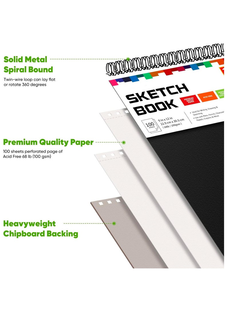 دفتر رسم 9 × 12 بوصة، 100 ورقة/200 صفحة، دفتر رسم فني مغلف حلزوني (68 رطل/100 جرام لكل متر مربع)، دفتر رسم فني خالٍ من الأحماض، لوحة رسم للأطفال والكبار، مثالي لأقلام الرصاص الملونة وأقلام الرصاص وأقلام التلوين والباستيل الزيتي والرسومات - Image 2