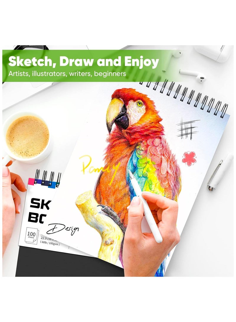 دفتر رسم 9 × 12 بوصة، 100 ورقة/200 صفحة، دفتر رسم فني مغلف حلزوني (68 رطل/100 جرام لكل متر مربع)، دفتر رسم فني خالٍ من الأحماض، لوحة رسم للأطفال والكبار، مثالي لأقلام الرصاص الملونة وأقلام الرصاص وأقلام التلوين والباستيل الزيتي والرسومات - Image 5