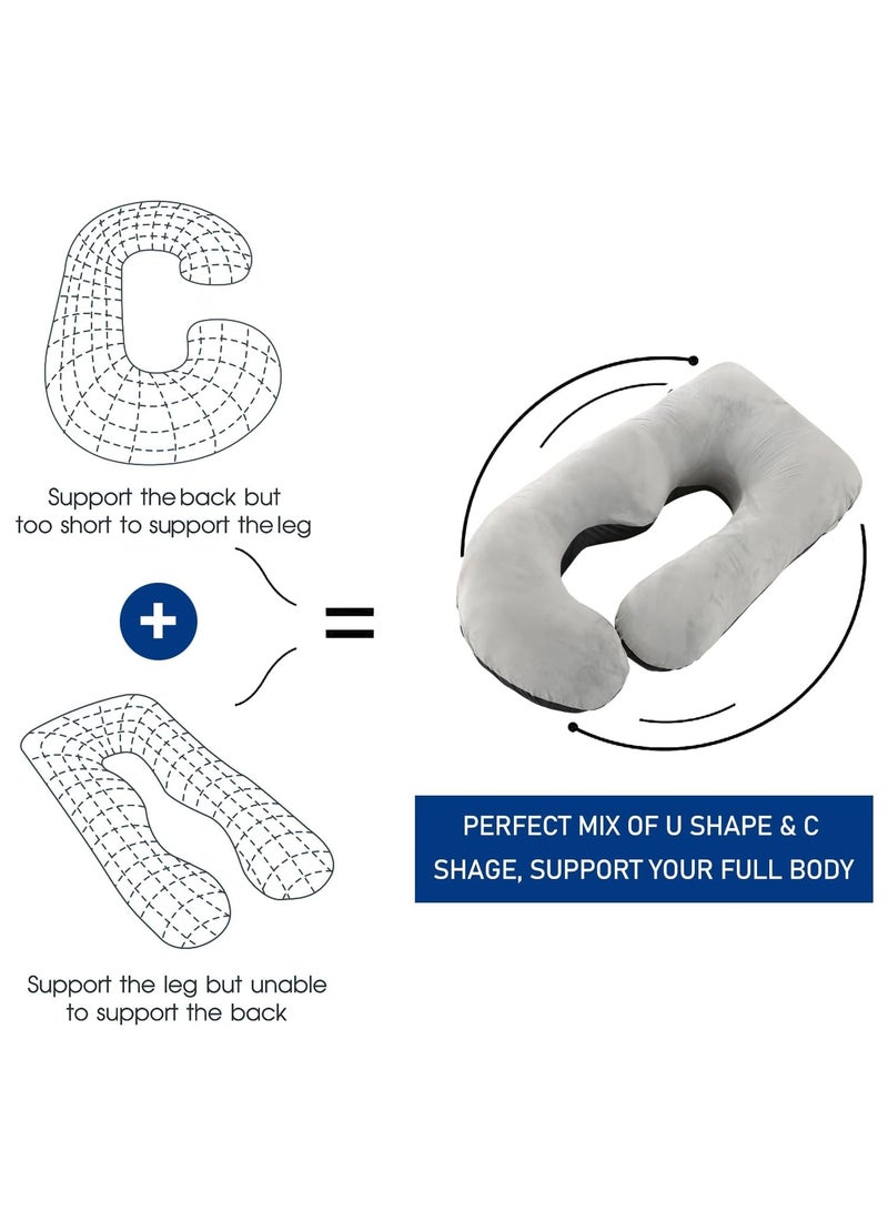 وسائد الحمل وسائد الحمل للنوم على شكل حرف U لدعم الجسم بالكامل للظهر والوركين والساقين والبطن للنساء الحوامل مع غطاء مخملي قابل للغسل قابل للإزالة (رمادي وأسود) - Image 3