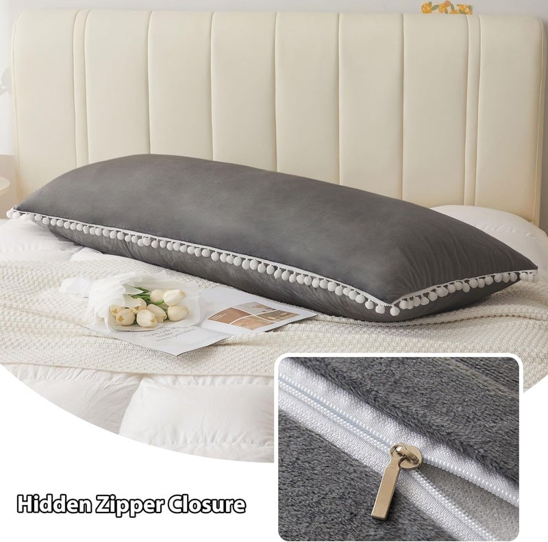 Cottonfry Ultra Soft Velvet Body Pillow Cover/Case Pillowcase with Hidden Zipper, Zippered Body Pillow Case (Gray with Pompom, 20x54) - Image 4