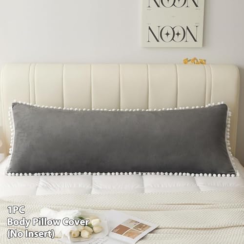 Cottonfry Ultra Soft Velvet Body Pillow Cover/Case Pillowcase with Hidden Zipper, Zippered Body Pillow Case (Gray with Pompom, 20x54) - Image 2