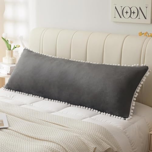 Cottonfry Ultra Soft Velvet Body Pillow Cover/Case Pillowcase with Hidden Zipper, Zippered Body Pillow Case (Gray with Pompom, 20x54) - Image 1