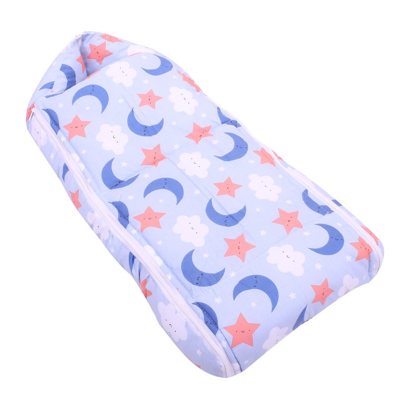 Nonibud Baby Cotton Sleeping Bed Cum Carrying Nest Bag with Storage Bag # Large Size 77 Cms X 40 Cms # 0-9 Months- SkyBlue Star Print (SkyBlue Moon) - Image 1