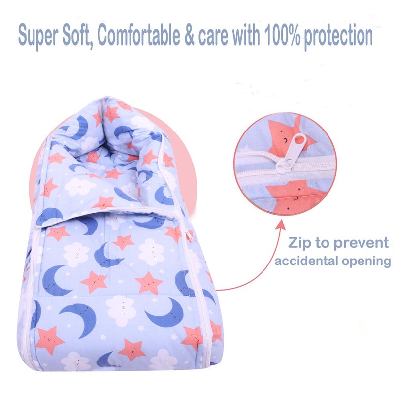 Nonibud Baby Cotton Sleeping Bed Cum Carrying Nest Bag with Storage Bag # Large Size 77 Cms X 40 Cms # 0-9 Months- SkyBlue Star Print (SkyBlue Moon) - Image 4