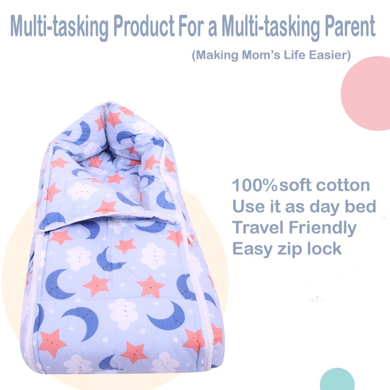 Nonibud Baby Cotton Sleeping Bed Cum Carrying Nest Bag with Storage Bag # Large Size 77 Cms X 40 Cms # 0-9 Months- SkyBlue Star Print (SkyBlue Moon) - Image 3