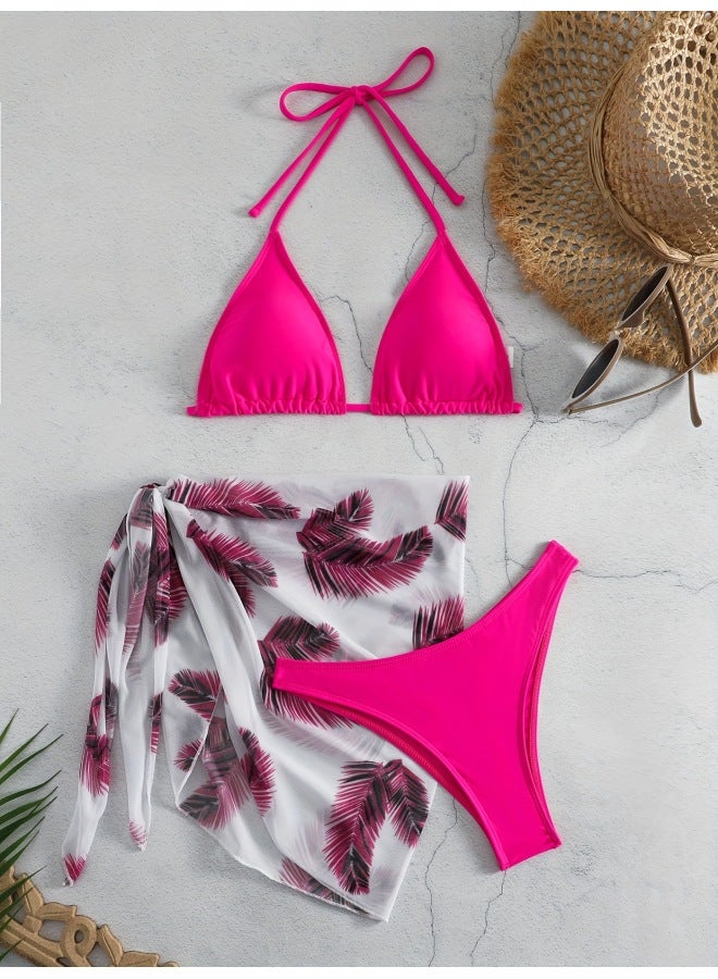 Customized European And American Bikini Three-piece Swimsuit Multi-color Optional Pure Color Swimsuit Printed Gauze Skirt Beach Vacation