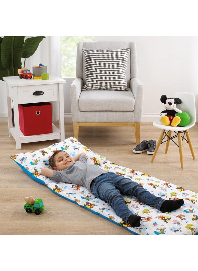 NoJo Disney Mickey Mouse Blue, Red, Green, Yellow, and White, Donald Duck, Pluto, and Goofy, Fun Starts Here Deluxe Easy Fold Toddler Nap Mat - Image 1
