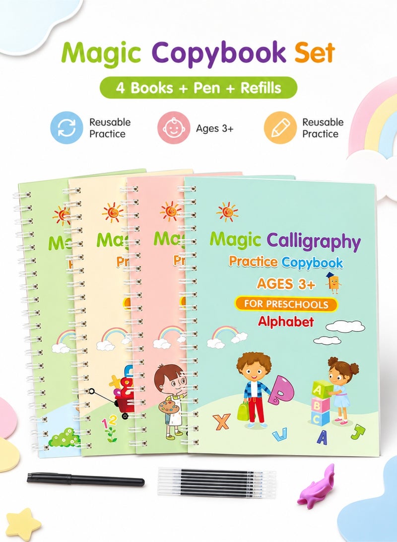 Sank Magic Magic Practice Copybook Reusable Handwriting Tracing Workbook Set, 4 Books with Magic Pen, Refills & Grip, Preschool Learning, Alphabet Number Math Drawing Writing Practice for Kids 3-6 Years - Image 1