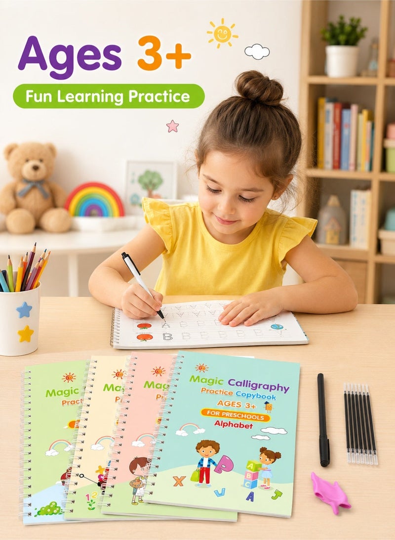 Sank Magic Magic Practice Copybook Reusable Handwriting Tracing Workbook Set, 4 Books with Magic Pen, Refills & Grip, Preschool Learning, Alphabet Number Math Drawing Writing Practice for Kids 3-6 Years - Image 2